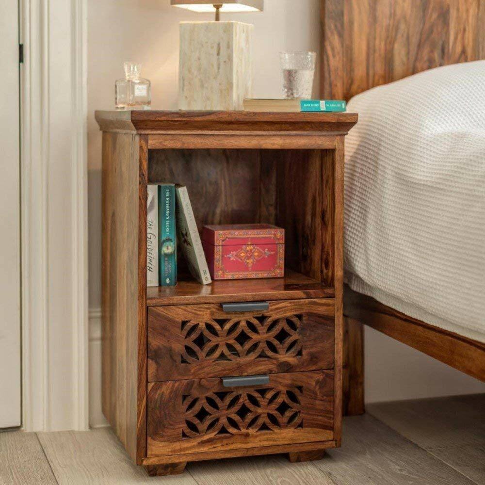ONIJA  Solid Wood Bed Side Table For Bed Room / Living Room| With Open & Drawer Storage Solid Wood Bedside Table  (Finish Color - Honey Finish, Pre-assembled)