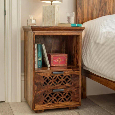 ONIJA  Solid Wood Bed Side Table For Bed Room / Living Room| With Open & Drawer Storage Solid Wood Bedside Table  (Finish Color - Honey Finish, Pre-assembled)