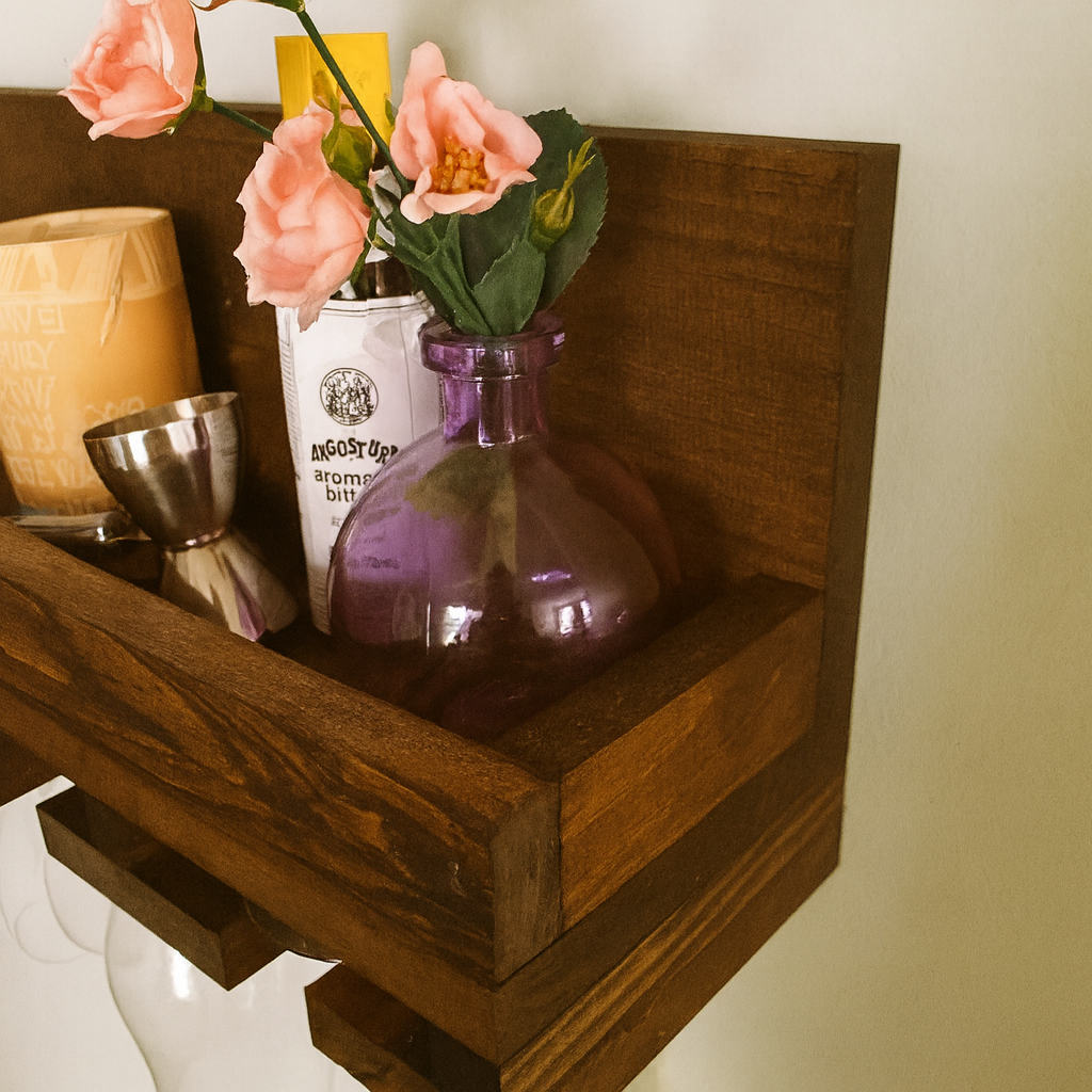 ONIJA Wood Wine Rack Shelf & Stemware Glass Holder Organizer Unique Bar Shelving Rustic Wedding Gift Wine Rack Wall Mounted 3 Bottles and 4 Wine Glass Rack Holder
