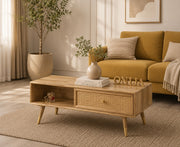 ONIJA Boston Solid Wood Rattan Cane One Drawer Coffee Table
