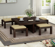 Zorvay Sheesham Wood Center Table With Stools (Walnut Finish)