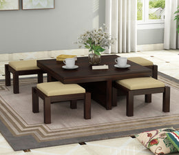 Zorvay Sheesham Wood Center Table With Stools (Walnut Finish)