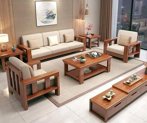 ONIJA  Solid sheesham Wood 5 Seater Sofa Set for Living Room - Wooden Sofa Set for Home with Cream Cousins seat (3+1+1) - The Communal Couch Seating (Honey Finish)