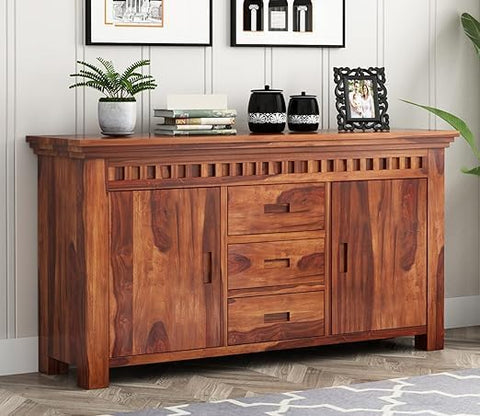 ONIJA heesham Wood Sideboard Storage Cabinet with 3 Drawer and 2 Door Storage for Living Room Home Office Kitchen (Natural Honey Finish) - HONEY FINISH
