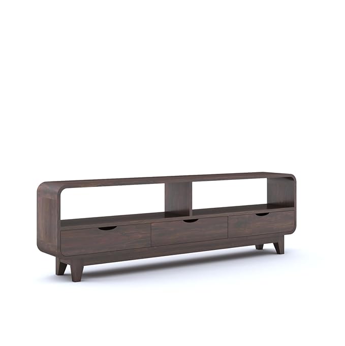 ONIJA Solid Sheesham Wood TV Cabinet with 3 Drawer Storage TV Stand Table Wooden Furniture Entertainment Unit for Living Room Home