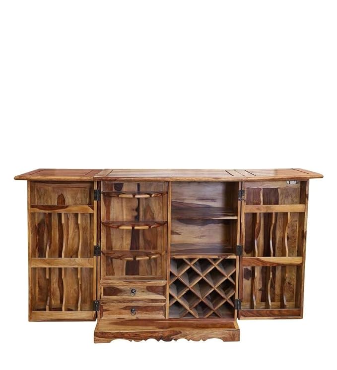 ONIJA Solid Sheesham Wooden Bar Cabinet for Home and Living Area, Bar Cabinet with Storage, Bar Units Wine Rack with Drawer,