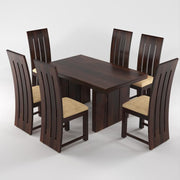 ONIJA Solid Sheesham Wood Dining Room Sets 6 Seater Poster Dining Table with 6 Cushions Chairs Walnut Finish