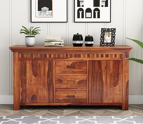 ONIJA heesham Wood Sideboard Storage Cabinet with 3 Drawer and 2 Door Storage for Living Room Home Office Kitchen (Natural Honey Finish)