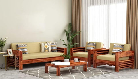 ONIJA Solid sheesham Wood 5 Seater Sofa Set for Living Room - Wooden Sofa with Side Pocket Storage (3+1+1) - Functional Luxury Wood Sofa