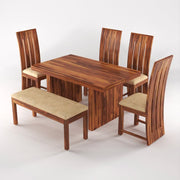 ONIJA Solid Sheesham Wood Dining Room Sets 6 Seater Poster ining Table with 4 Cushions Chairs & 1 Bench  Honey Finish