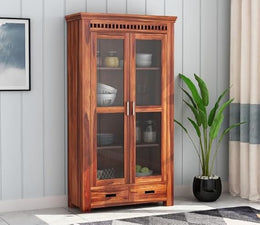 Solid Wood Glass Door Crockery & Display Cabinet with Double Drawers