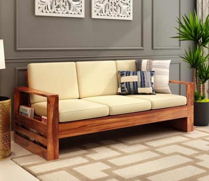 ONIJA Solid Sheesham Wood 3 Seater Sofa Set for Home - Wooden Sofa with Side Magazine Holider - Timeless Elegance Couch for Livingroom (Honey Finish)