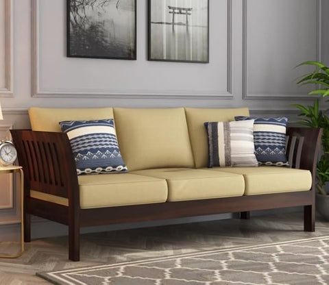 ONIJA Solid Sheesham Wood Wooden 3 Seater Sofa for Living Room - Sofa for Home with Cream Cushions Seat - Elegance and Comfort Combined