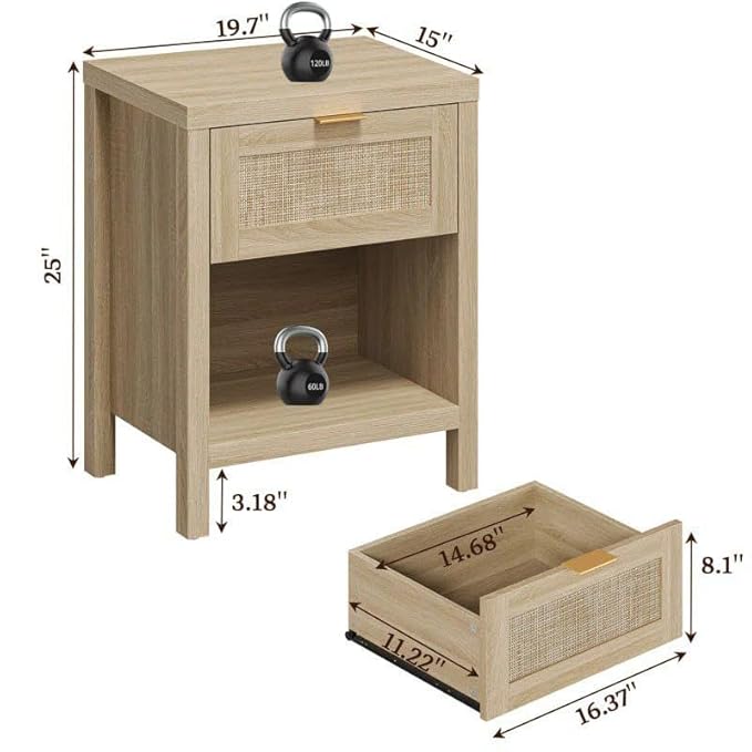 ONIJA Bedside Table with Storage Drawer, Cane Design, 40 x 30 x 40 cm, Natural Wood Finish, Brown