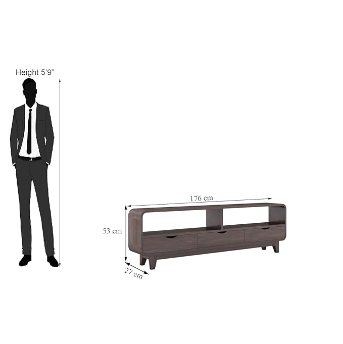 ONIJA Solid Sheesham Wood TV Cabinet with 3 Drawer Storage TV Stand Table Wooden Furniture Entertainment Unit for Living Room Home