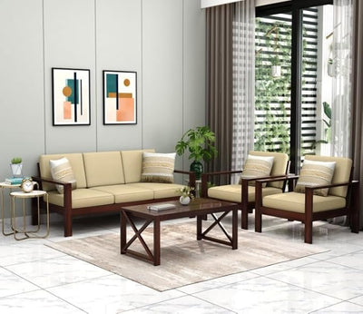 ONIJA Sheesham Wood 5 Seater Sofa Set for Livingroom - Sofa Set 5 Seater (Sofa Set 3+1+1) - Sofa Couch Five Seater for Home - Stylish & Comfortable Cushion Seat - WALNUT FINISH