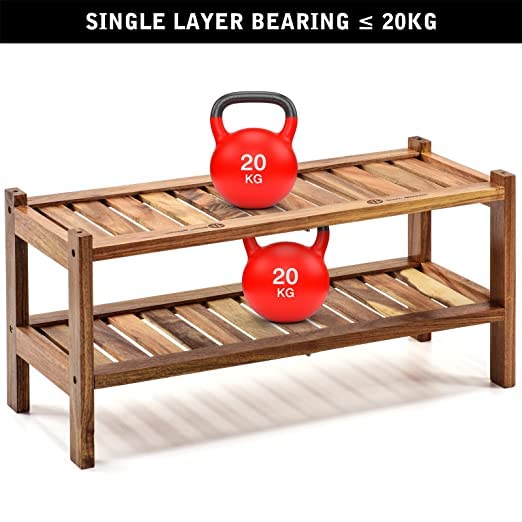ONIJA Sheesham Wood Shoe Rack, Natural, Entryway, Stackable, Small, Stand, Free Standing, 27 X 68 X 29 cm