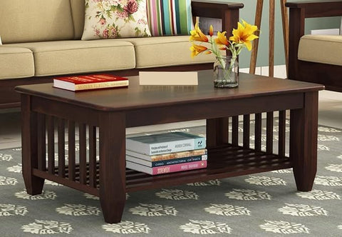 ONIJA  Wooden Center Coffee Table with Storage | Solid Sheesham Wood Centre Table for Living Room, Drawing Room & Office - WALNUT FINISH