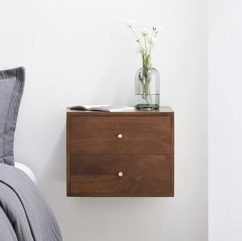 ONIJA Sheesham Wooden Floating Bedside End Table Decorative Side Tables with 2 Drawer Storage for Bedroom Living Room (Two Drawer)