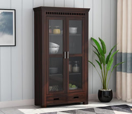Solid Wood Glass Door Crockery & Display Cabinet with Double Drawers