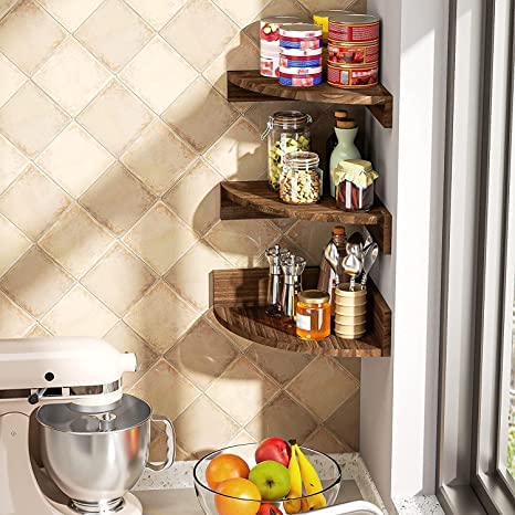ONIJA Sheesham Wood Corner Shelf Wall Mount, Set of 3 Floating Shelves for Wall Storage and Display, Rustic Wall Shelves Wood Shelves for Bedroom, Kitchen, Living Room, Office (Dark Brown)