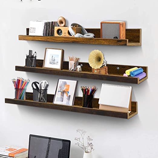 ONIJA Wooden Floating Wall Shelves Set of 3, Rustic Picture Ledge Shelf Decor for Bedroom Bathroom Living Room Kitchen