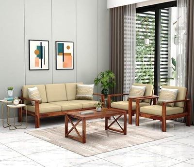 ONIJA Sheesham Wood 5 Seater Sofa Set for Livingroom - Sofa Set 5 Seater (Sofa Set 3+1+1) - Sofa Couch Five Seater for Home - Stylish & Comfortable Cushion Seat - HONEY FINISH