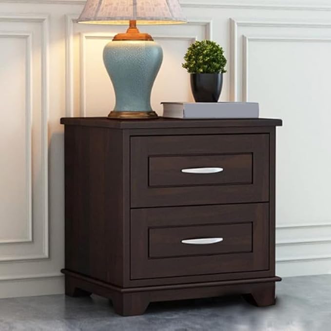ONIJA Sheesham Wood Bedside Table with 2 Drawer Wooden Night Stand End Table Solid Wood Bedside Table for Bedroom Living Room Home (Walnut Finish)