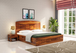 Kyoran Sheesham Wood Queen Size Bed With Storage (Honey Finish)