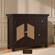 ONIJA Sheesham Wood Kitchen Storage Cabinet with Cane Doors & Drawer