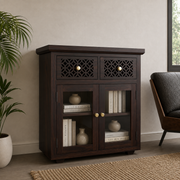 ONIJA Sheesham Wood Display Cabinet with Glass Doors & Storage Drawers