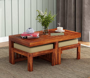Omvian Sheesham Wood Center Table With Stools (Honey Finish)