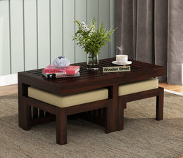 Omvian Sheesham Wood Center Table With Stools (Walnut Finish)