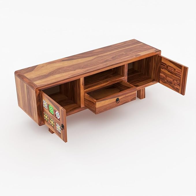 ONIJA Sheesham Wood TV Unit for Living Room | Tv Cabinet | Free Standing Tv Unit with 2 Door, Drawer & Shelf Storage