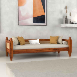 ONIJA Solid Sheesham Wood Diwan Sofa with Cane Rattan Backrest & Cushioned Seat