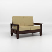 Dark Brown Wooden 2 Seater Sofa with Beige Cushions