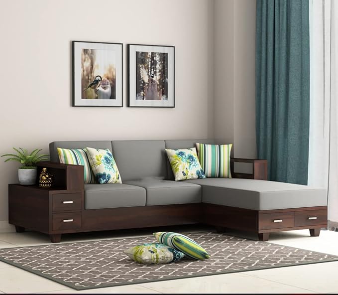 ONIJA  Solid Sheesham Wood L Shape 5 Seater Sofa Set for Living Room - Wooden 5 Seater Sofa Set with Drawers Storage for Home