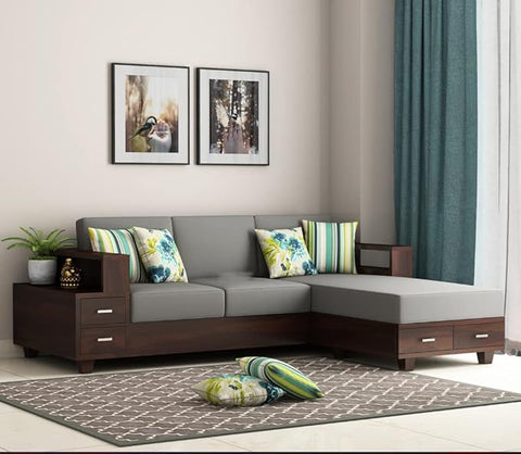 ONIJA  Solid Sheesham Wood L Shape 5 Seater Sofa Set for Living Room - Wooden 5 Seater Sofa Set with Drawers Storage for Home