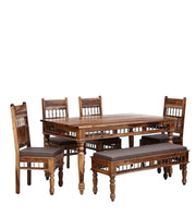 ONIJA Solid Sheesham Wood Traditional Dining Table Set of 6 Seater with Cushioned Chairs & Bench |