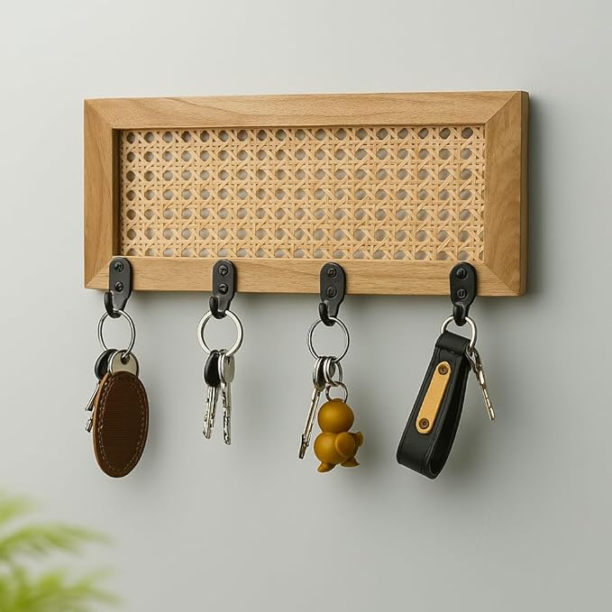 ONIJA Homes Wall Mounted Key Holder with Rattan Cane Design I Premium Teak Wood & Indonesian Natural Cane Webbing I Boho Style with 4 Metal Hooks I Size 12 in x 5 in