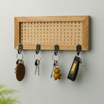 ONIJA Homes Wall Mounted Key Holder with Rattan Cane Design I Premium Teak Wood & Indonesian Natural Cane Webbing I Boho Style with 4 Metal Hooks I Size 12 in x 5 in