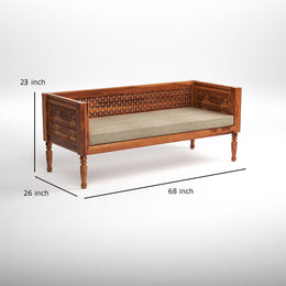 Natural Wood Carved 3 Seater Sofa with Beige Cushion