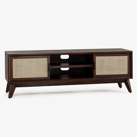ONIJA  Premium Solid Wood TV Stand,Solid Wood Rattan Cane Tv Cabinet for Living Room & Bed Room Furniture, Wooden TV Entertainment Unit - WALNUT FINISH