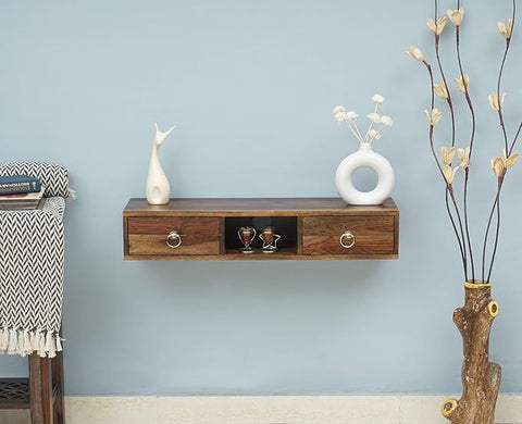ONIJA  Solid Sheesham Wooden Wall Tv Unit for Living Room | Wall Tv Unit with 2 Drawer Storage | Wall Mount TV Stand | TV Wall Stand TV Cabinet |