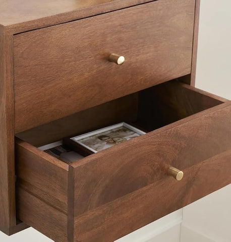 ONIJA Sheesham Wooden Floating Bedside End Table Decorative Side Tables with 2 Drawer Storage for Bedroom Living Room (Two Drawer)