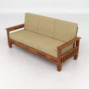 Natural Wood 3 Seater Sofa with Beige Cushions
