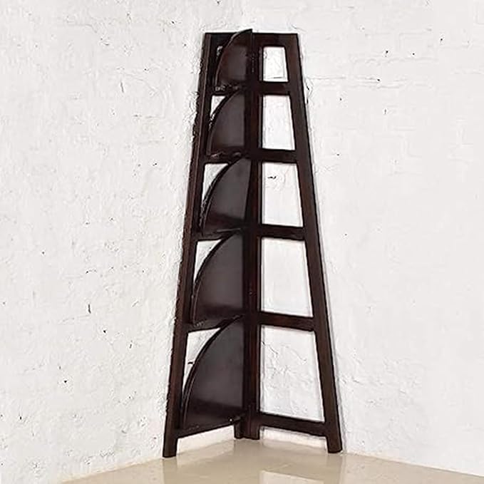 ONIJA Corner Book Shelf | 5 Shelves for Home | Sheesham Wood Wall Shelf for Living Room Kitchen Bathroom | Walnut Finish