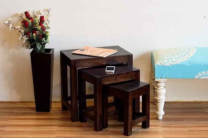 ONIJA  Solid Wood Nesting Table Set of 3 Stools Bedside Table Sofa Side Table Nightstand End Table for Living Room Bedroom Home Office Wooden Furniture - WALNUT FINISH