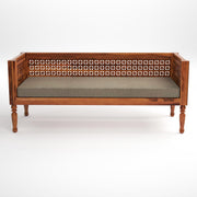 Natural Wood Carved 3 Seater Sofa with Beige Cushion