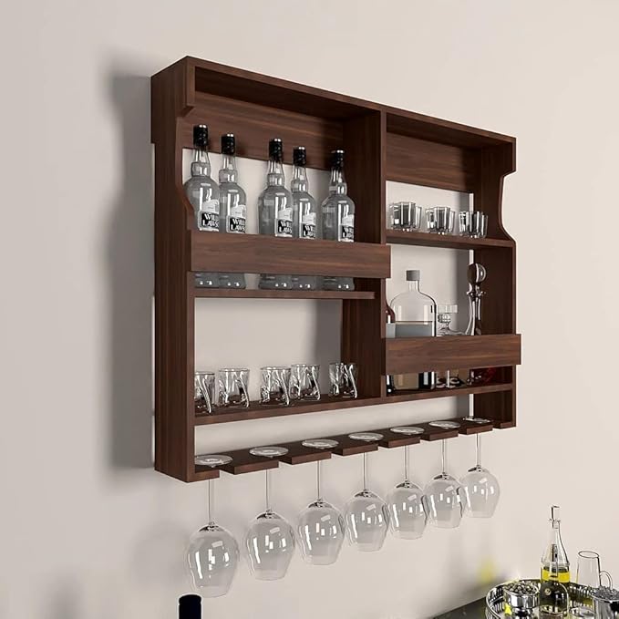 ONIJA Wooden Wall Mounted Wine Rack, Bar Cabinet with Glass Storage, Wall Hanging Mini Bar Reverse Glass Hanging Organizer for Home Wine Rack/Holder Size 30 x 24 Inch (Rose Wood) (Mahogany)